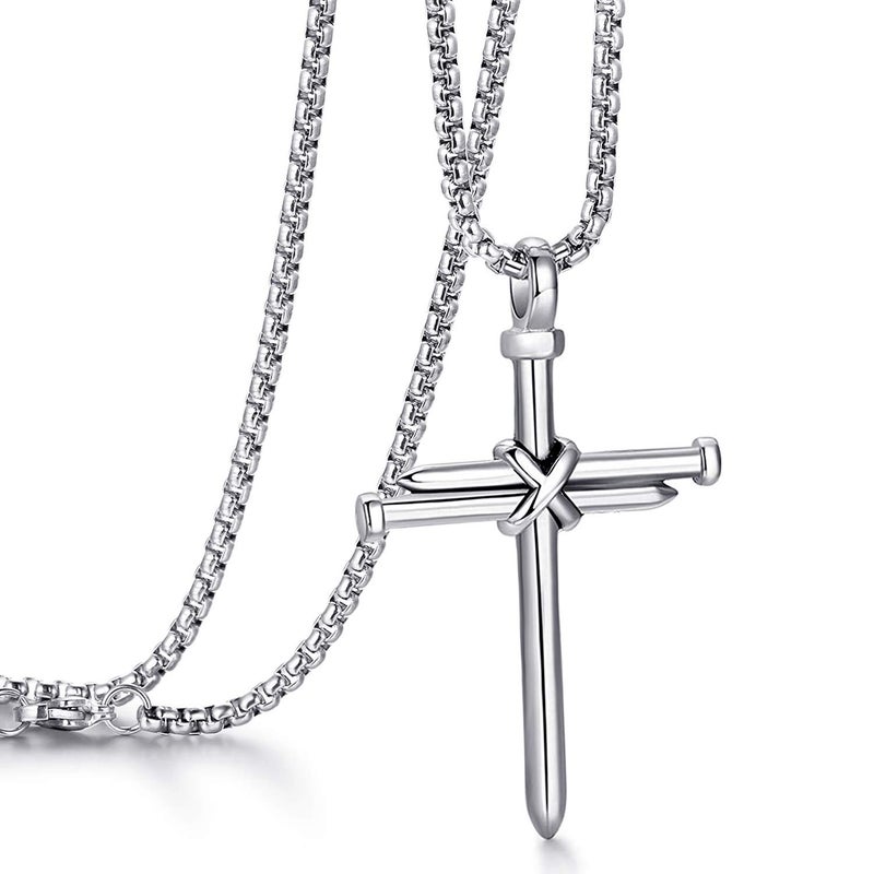 MUERDOU Cross Necklace for Men Cross Pendant STRENGTH Bible Verse Stainless Steel Necklace Silver Nail - Image 1